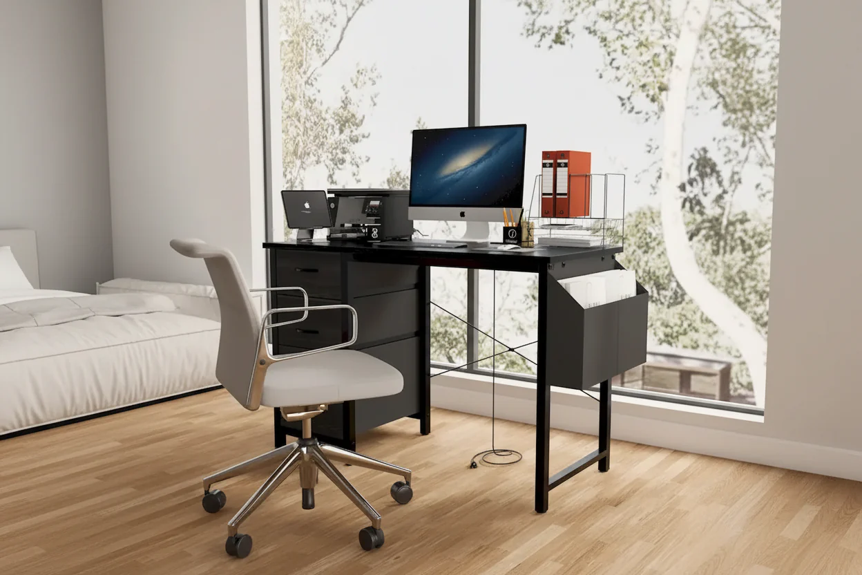 Modern Computer Desk with Charging Station and Reversible Storage Drawers for Home Office or Study Room