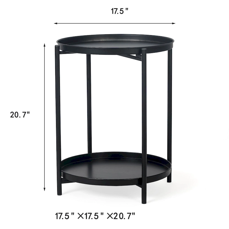Adeco Side Table 2-Tier Metal Round End Table with Removable Tray - 17.5