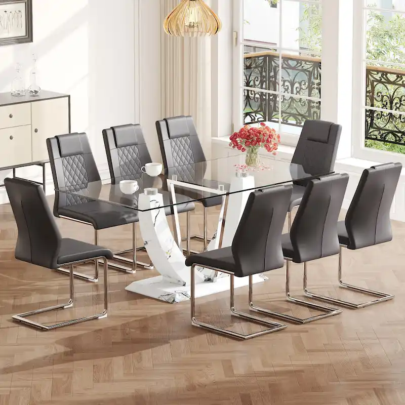Modern Tempered Glass Dining Table Set with U-shaped Marble Pattern Base and PU Upholstered Chairs