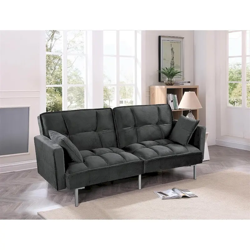 Regal Convertible Sleeper Sofa Bed Velvet Pull Out Couch with Mid-Century Style Tufted Design and Metal Legs