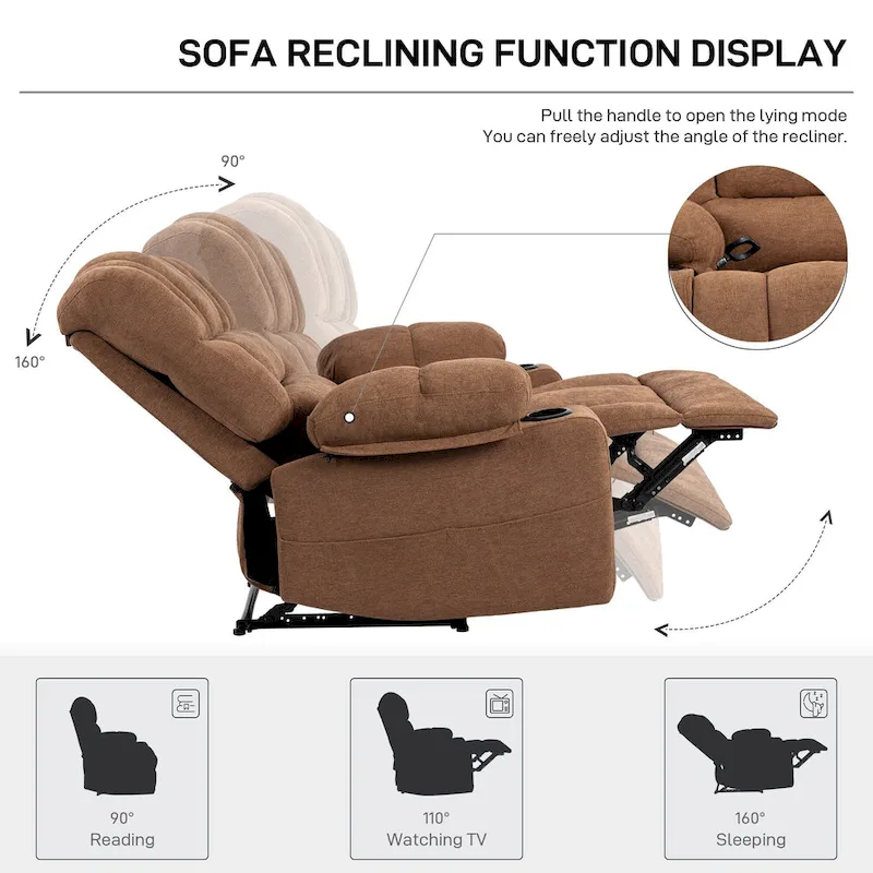 Chenille Manual Recliner Chair with Massage and Lumbar Heating, Dual Cup Holders, Side Pockets