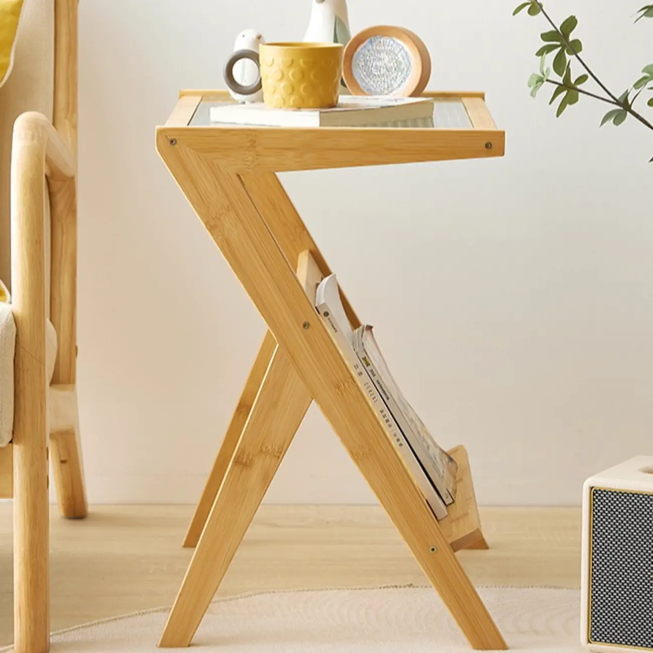 Glass and Wood Modern Foldable End Table with Rack