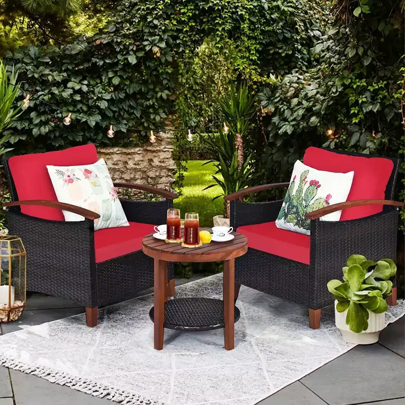 Costway 3PCS Patio Rattan Furniture Set Wooden Frame Cushion Table Shelf Red\Beige\Blue