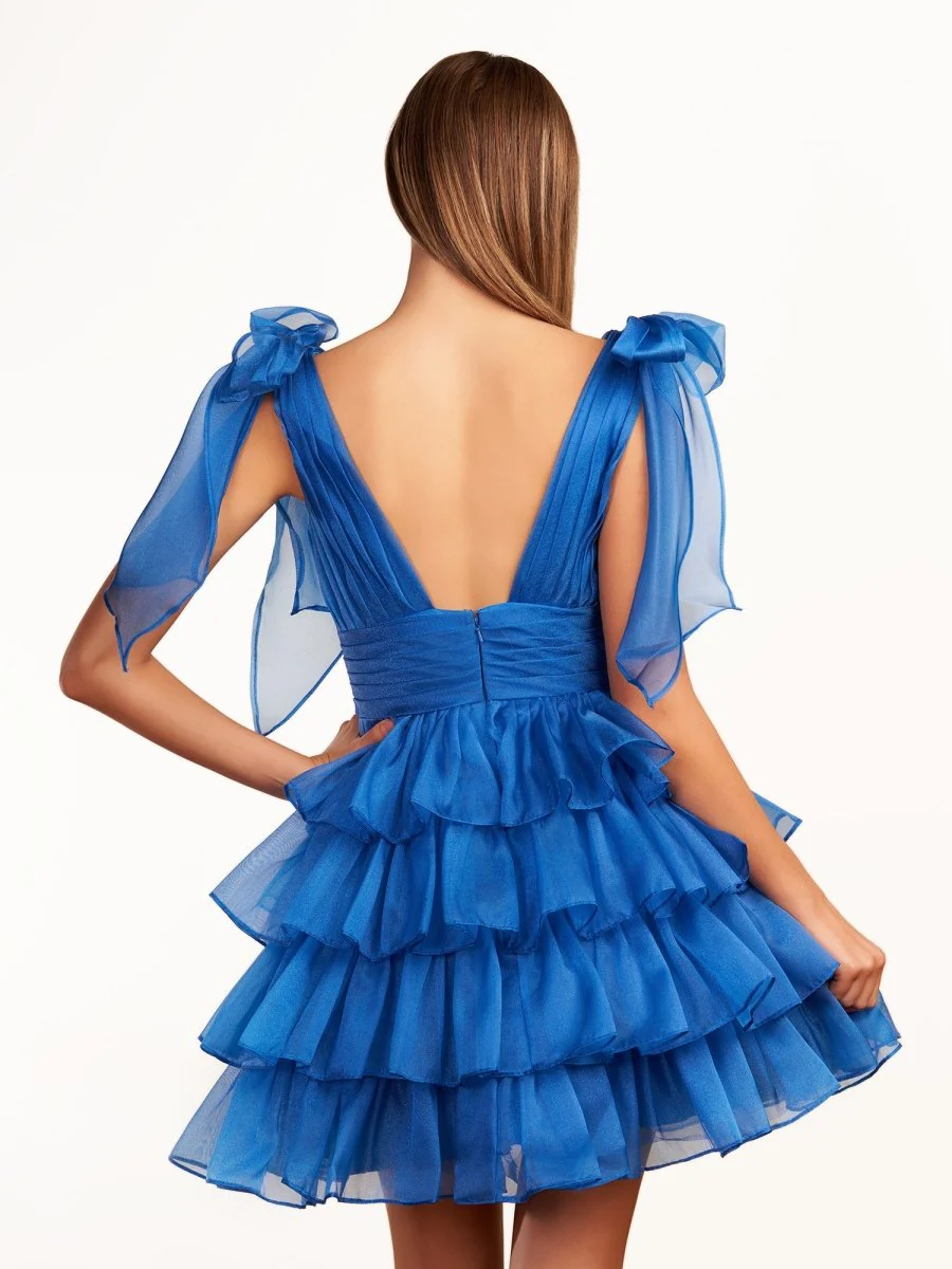 Trendy A-Line Royal Blue Tiered Homecoming Dress with Bow