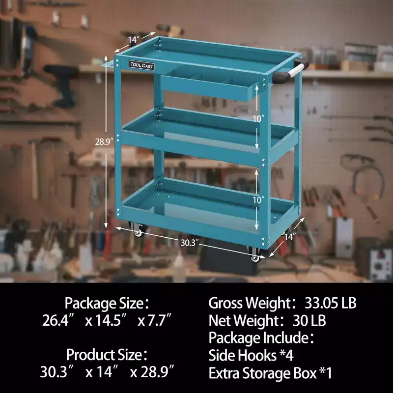 LDHTHOPI 3 Tier Metal Rolling Tool Cart Blue Heavy Duty Utility Cart 330 lbs Capacity with Lockable Drawer Wheels for Garage Workshop