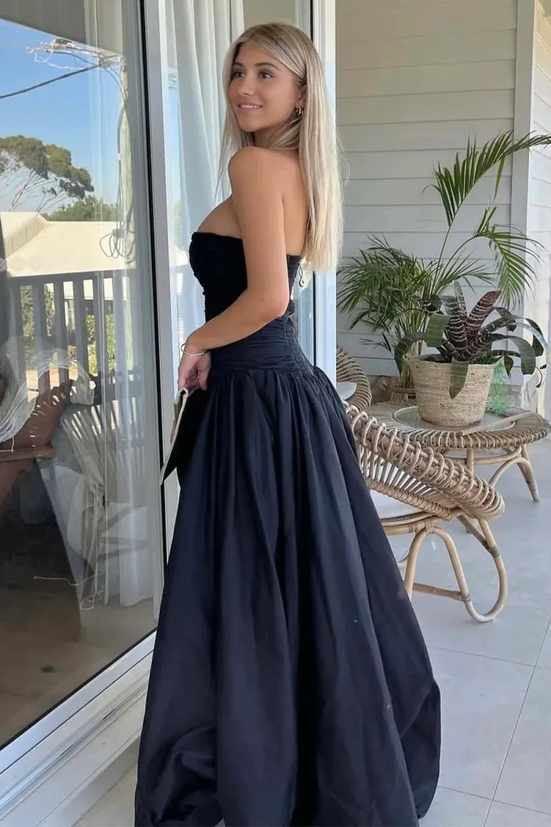 Black - Strapless A Line Satin Pleated Prom Dresses With Slit