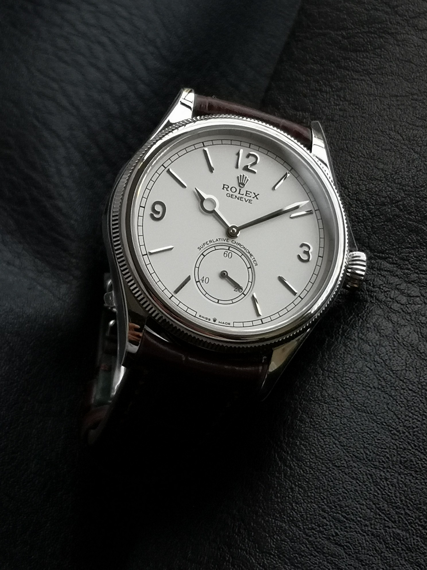 Rolex Geneve white dial small seconds brown leather strap replica