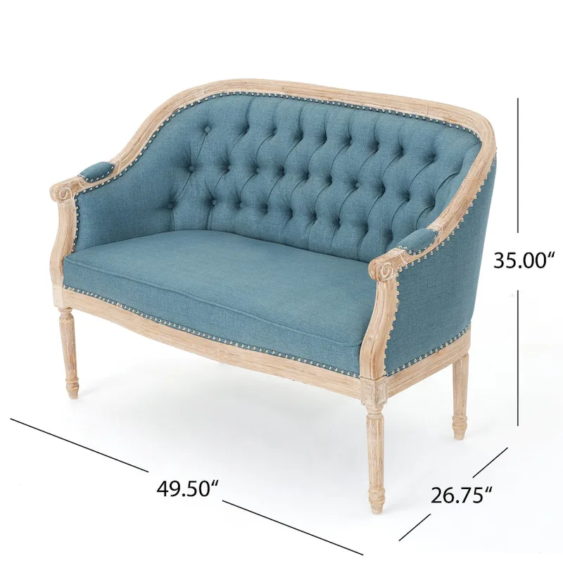 Button-Tufted Upholstered Loveseat with Scrolled Arms and Nailhead Trim