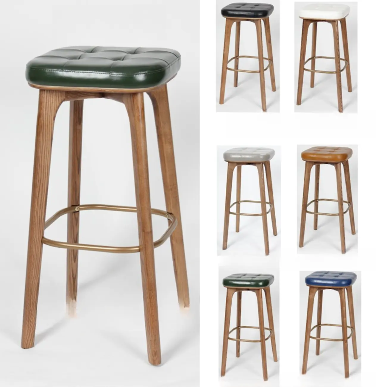 Scandinavian Wood Tufted Leatherette Bar Stools Backless