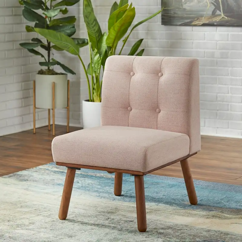 Armless Button-Tufted Accent Chair with Rubberwood Legs & Foam Cushion – Blue / Grey / Beige / Pink, Single