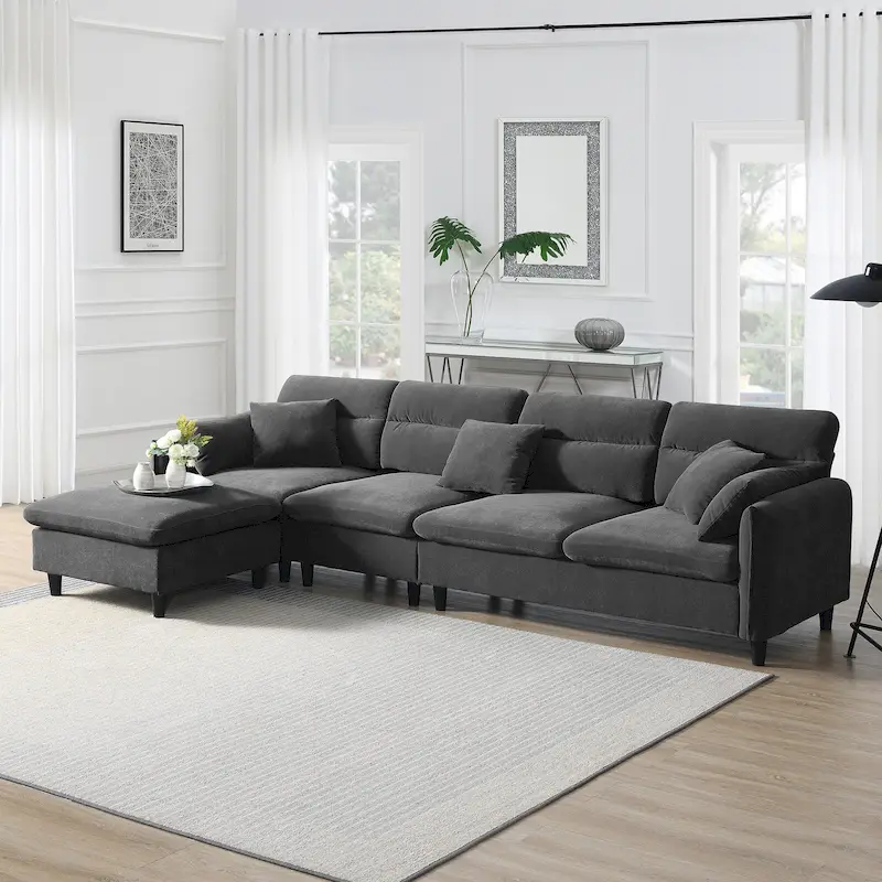 110 Modern L-Shaped Convertible 5-Seat Sectional Sofa with Removable Ottoman and 5 Cushions, Plush Chenille Fabric