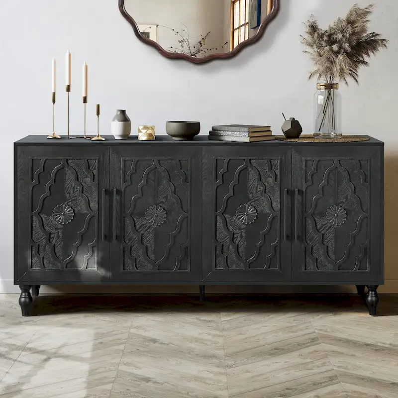 Storage Cabinet with Carved Flower Doors and Metal Handles