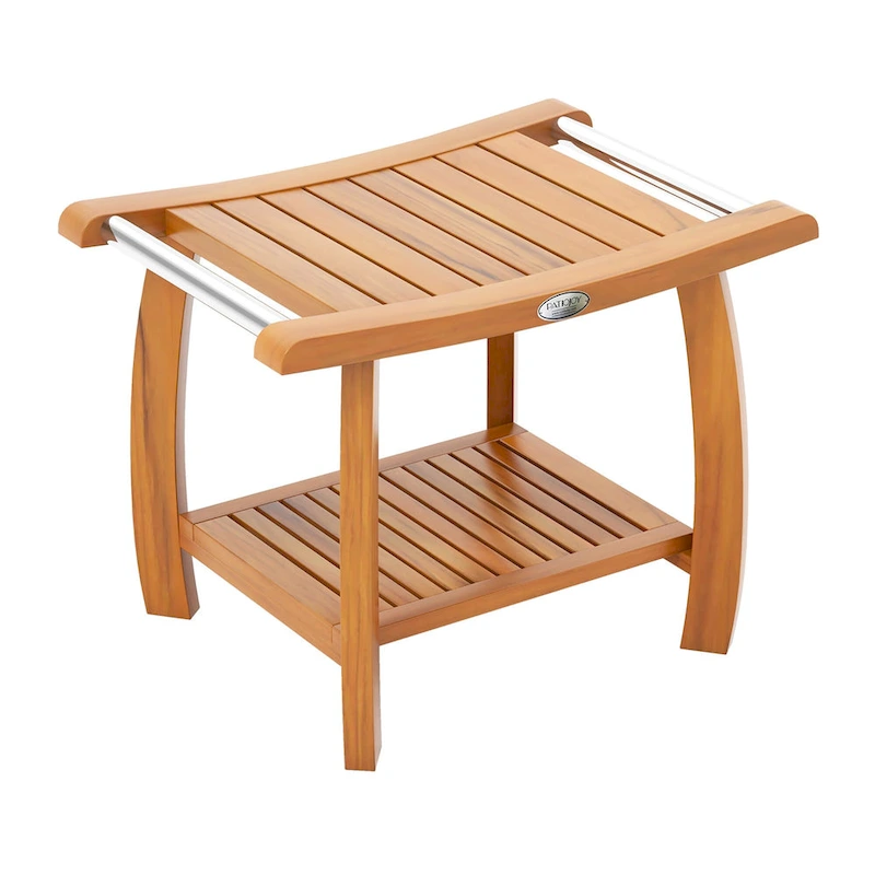 Gymax Teak Wood Shower Bench 2-Tier Wooden Shower Stool w/ Curved Seat