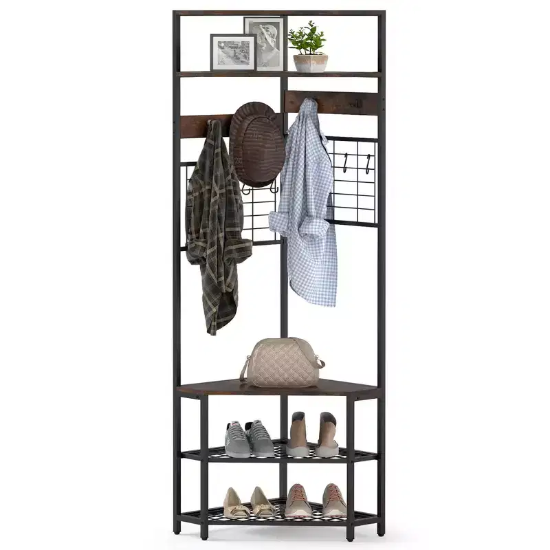 Corner Hall Tree with Shoe Bench & Hooks