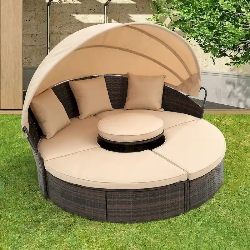 Beige Outdoor Daybed with Adjustable Canopy & Convertible Design
