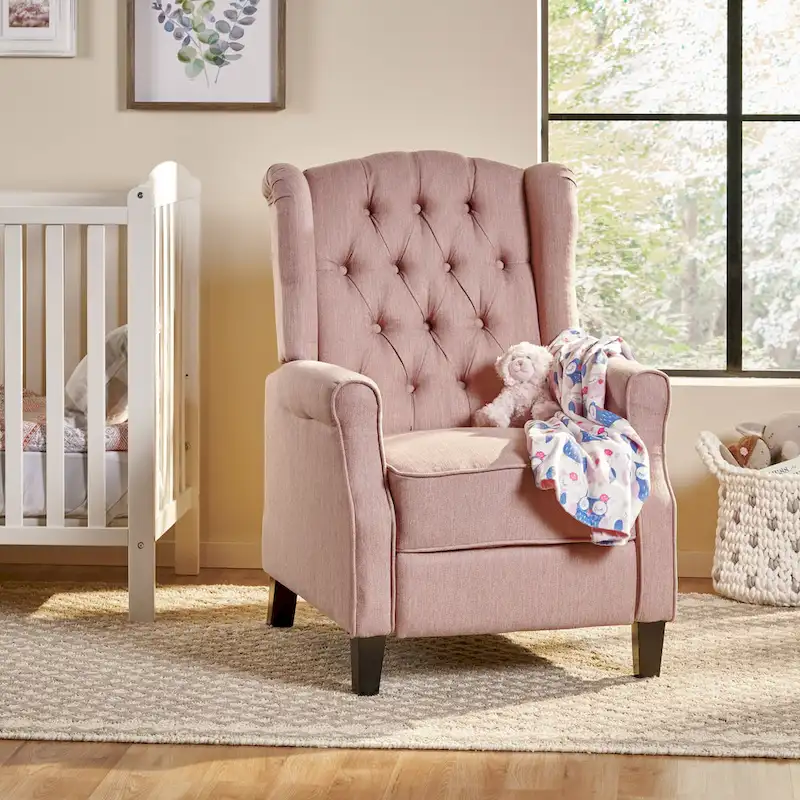 Light Pink / Beige Wingback Push-Back Recliner with Button-Tufted Back & Birch Legs – 1-Seater