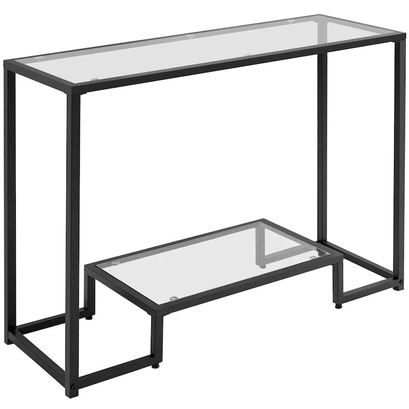 Black / Gold 2-Layer Tempered Glass Console Table with Metal Frame