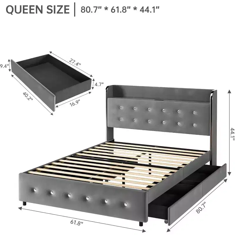Queen Bed Frame, with Shelves and Charging Station, 4 Storage Drawers, Noiseless Sturdy Wooden Board Support, no Spring Box Required, Grey