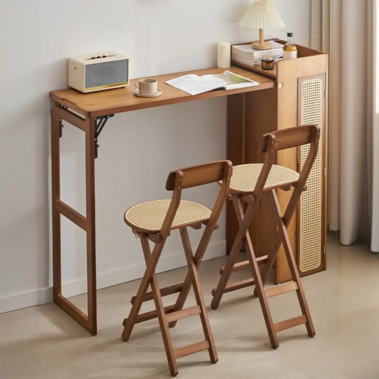 Manual Extension Brown Bamboo Storage Bar Tables