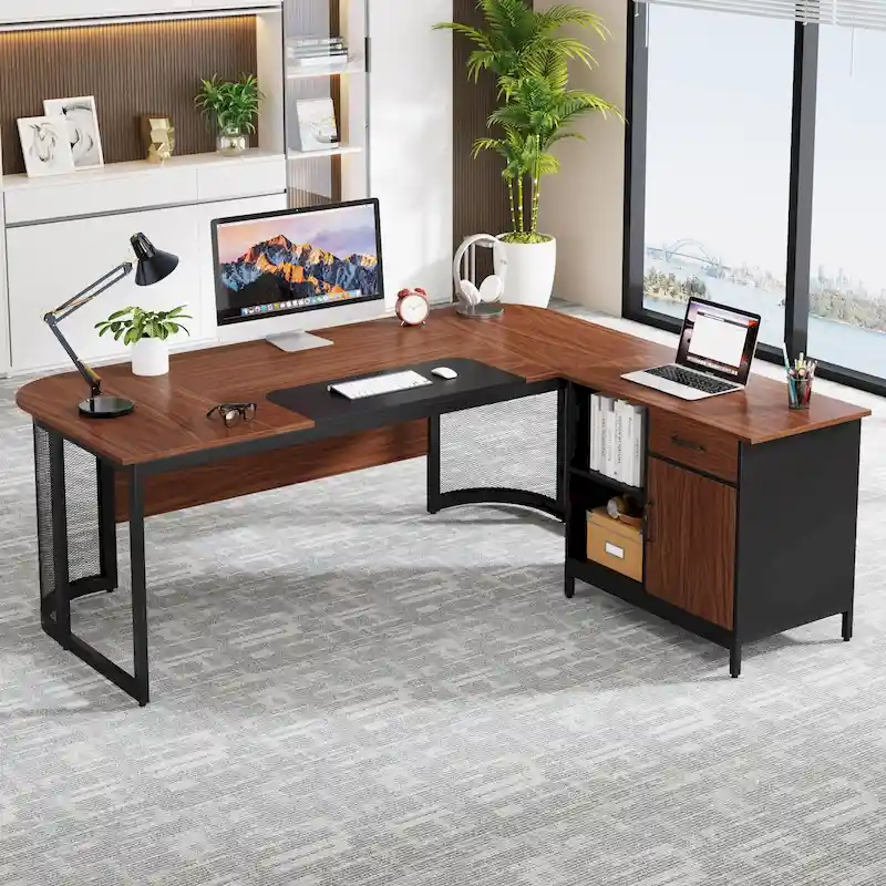 Large 63  L-Shaped Executive Office Desk with 31 File Cabinet