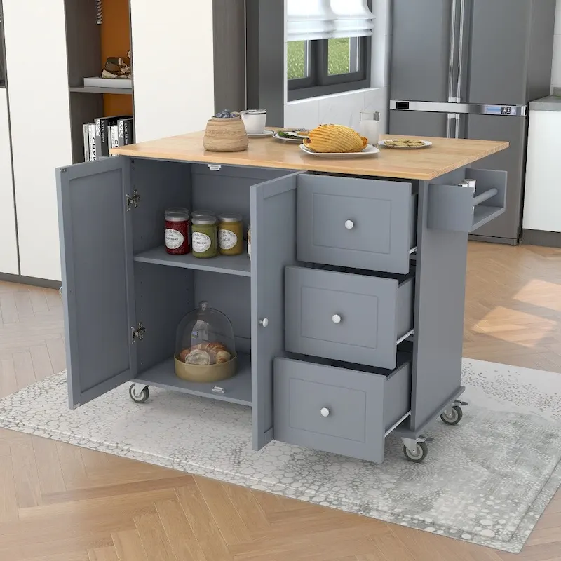 52.7 Rolling Mobile Kitchen Island with Solid Wood Top