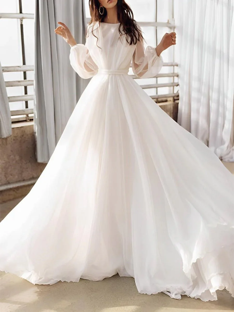 A-Line Illusion Neck Long Sleeves Sweep Train Organza Wedding Dresses