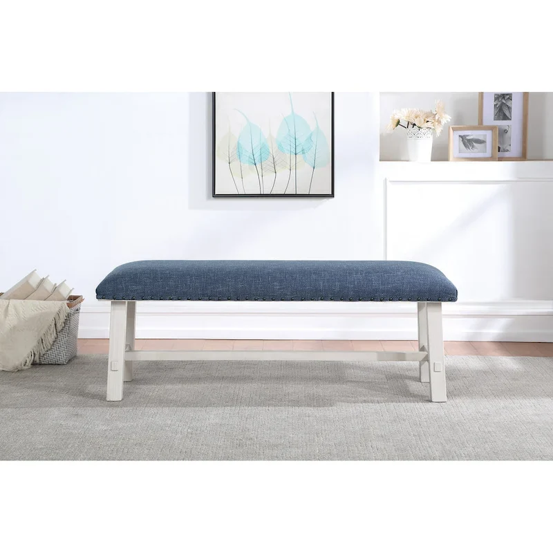 Callen Bench with White Wash Frame and Antique Bronze Nailhead Trim in Navy Fabric