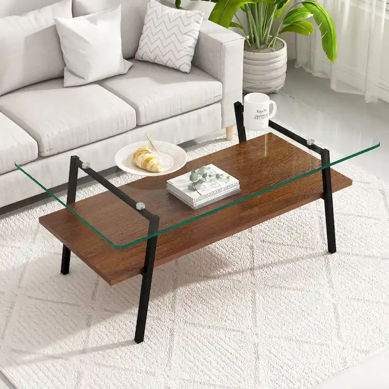 Tempered Glass Coffee Table with Metal Legs and MDF Base