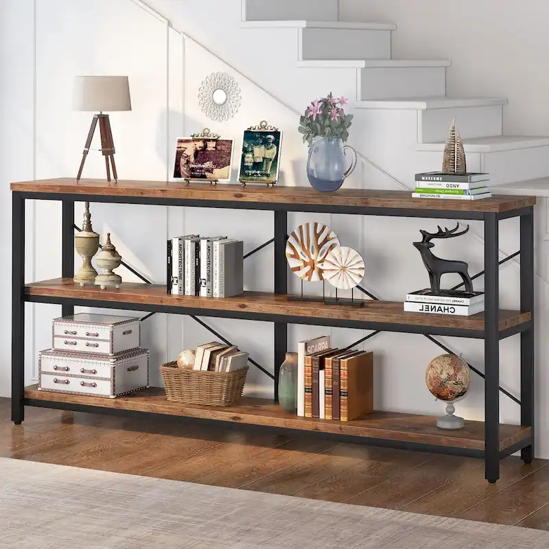 Brown/White/Grey 3-Tier Console Table, X-Frame Metal Legs, 1-Person Assembly