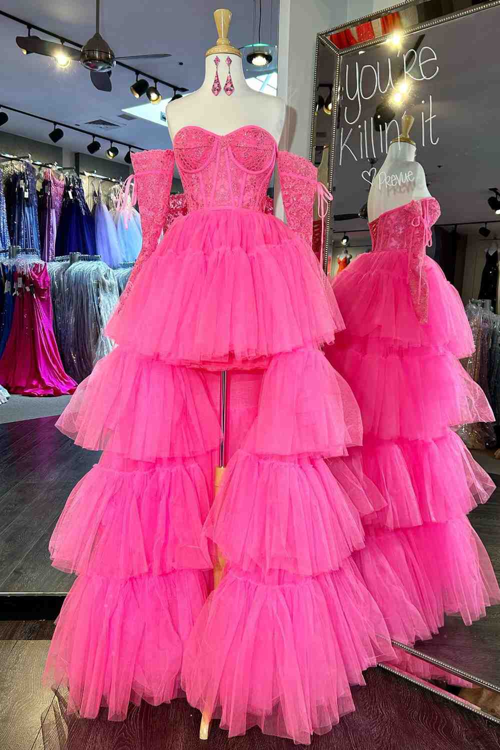 Hot Pink Off-Shoulder A-line Tulle Layers Applique High-Low Prom Dress