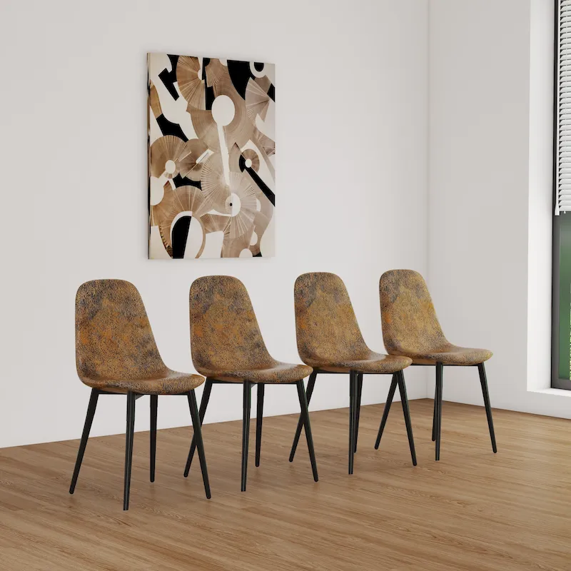 4 Dining Chairs with Spoon Shaped Seats and Black Metal Legs