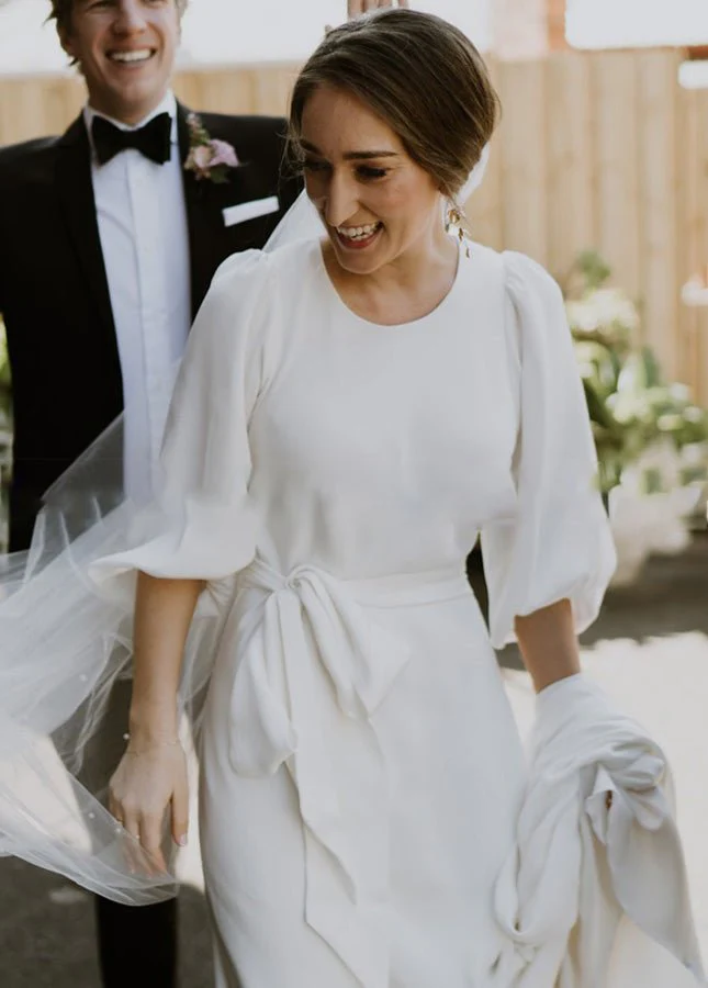Simple Elegant Half Sleeves Crepe O-Neck White Wedding Dresses with Sash