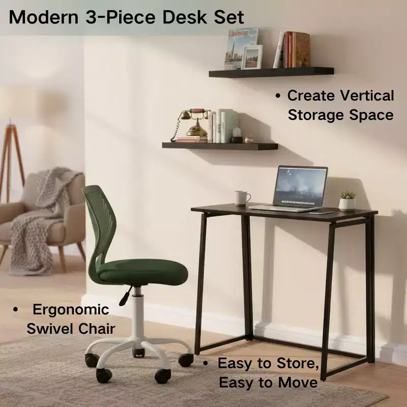 FurnitureR 3-Piece Folding Desk Set with Adjustable Swivel Chair and 2 Floating Wall Shelves, Space-Saving Study & Workstation Combo, Modern Design