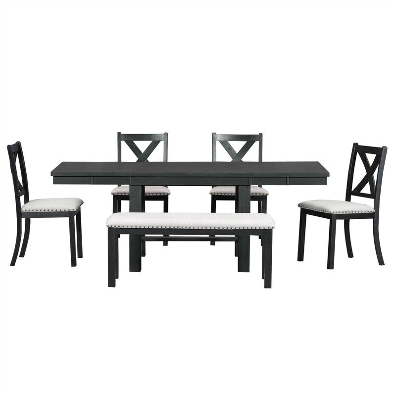 6-Piece Dining Kitchen Table Set, Extendable Wood Dining Table, 4 Upholstered Dining Chairs and Bench, Two 11 Removable Leaf