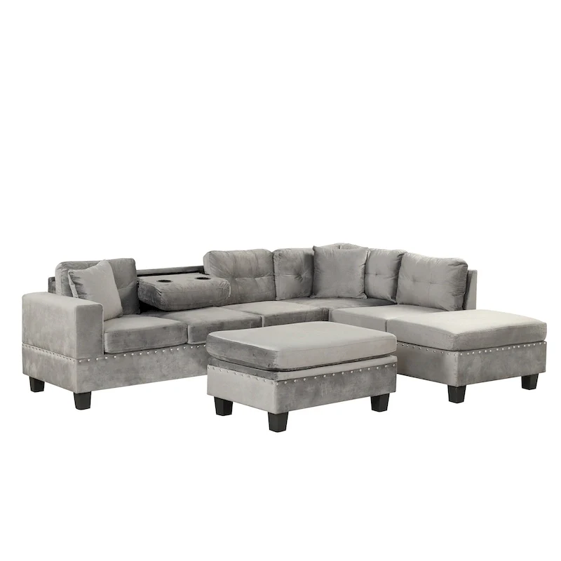 Grey L-Shape Sectional Sofa with Ottoman, Seats 3
