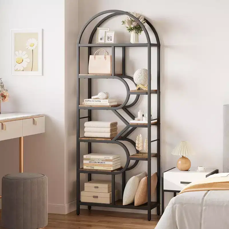 Coolmee 6-Tier Open Arched Bookshelf, 81.7 Tall Geometric Metal Frame Bookcase, Large Storage Display Shelf for Bedroom, Living Room, Office