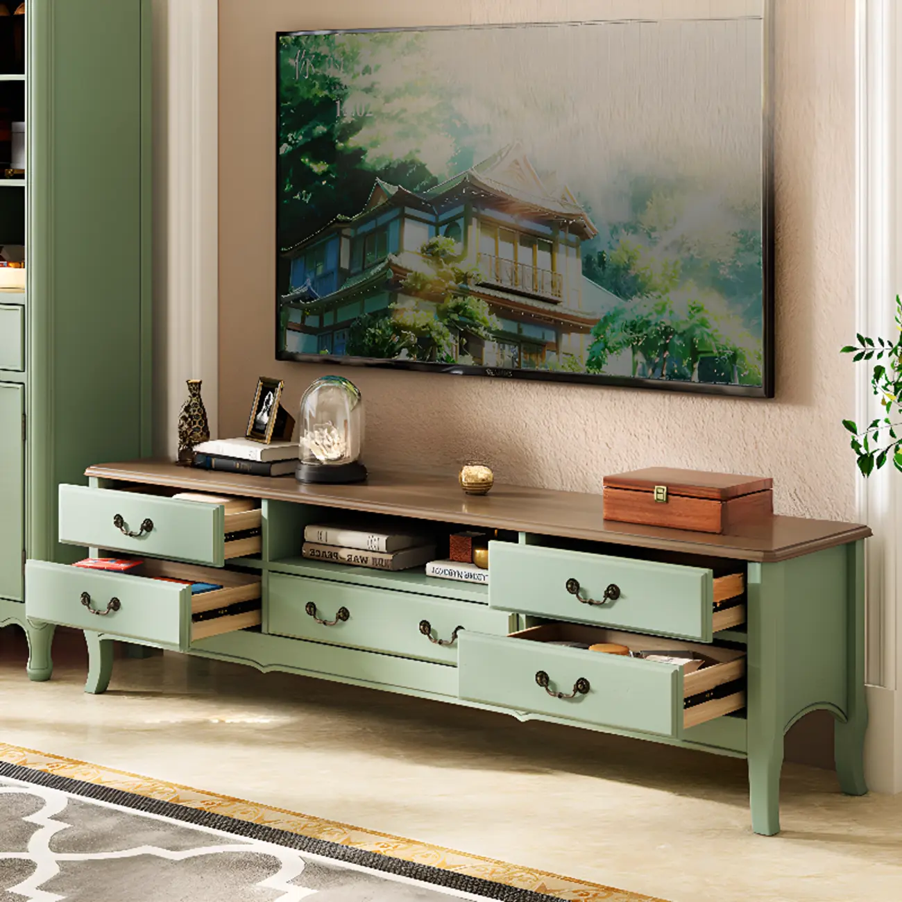 Green Modern Wood Cable Management TV Stand with 5-Drawer