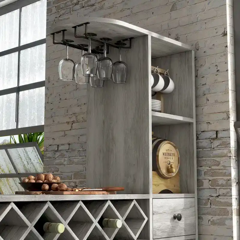 Bar Table, 6 Open Shelves, 7-Bottle Wine Rack, 2 Stemware Racks, 1 Drawer, Dual-Side Access, Particleboard, Vintage Gray Oak, 2-Person Use