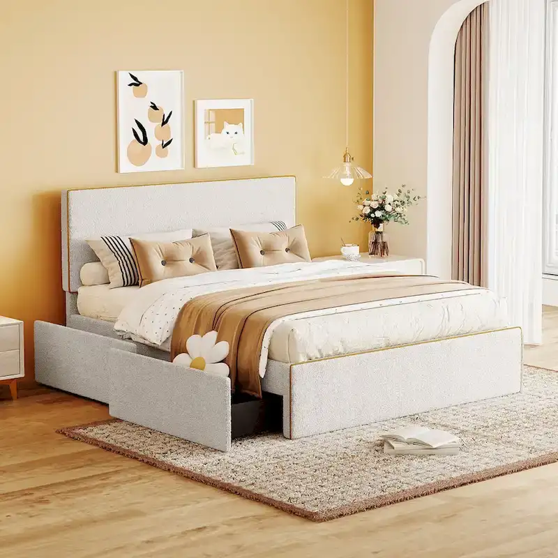 White Upholstered Platform Bed with 4 Drawers & Headboard, Full, 1-Person Assembly