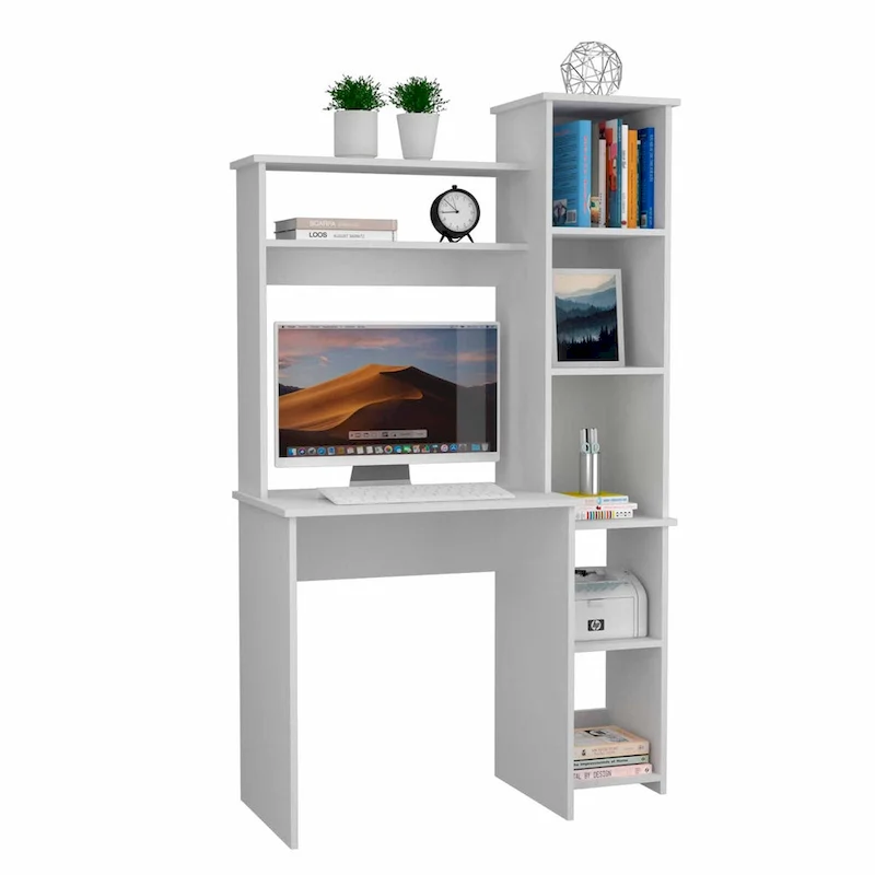 Writing Desk with 6-Shelf Bookcase, Laptop Table, Built-in Cabinet