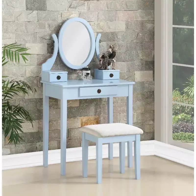 Contemporary Makeup Vanity Desk with Mirror, 3 Drawers, Matching Stool for Bedroom, Blue Finish, Space-Saving Design
