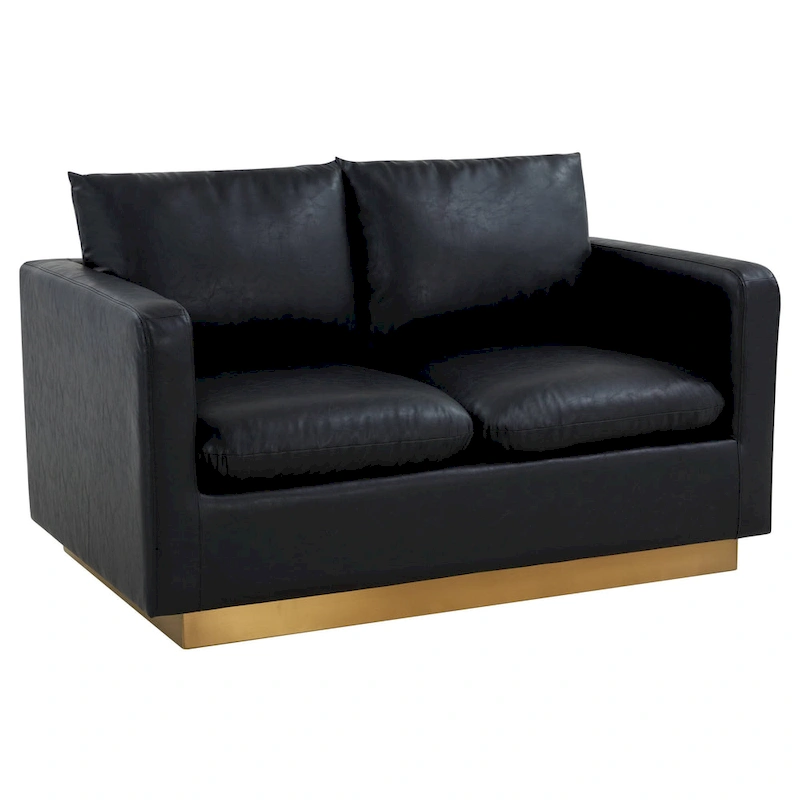 LeisureMod Nervo Modern Leather Loveseat With Gold Base & Cushions - 55.9