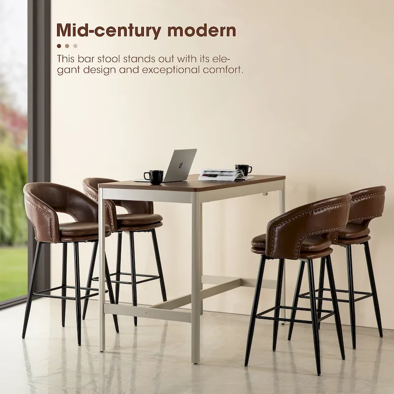 Mid-Century Modern Faux Leather Bar Stool with Nailhead Trim & Metal Legs – Black / Brown