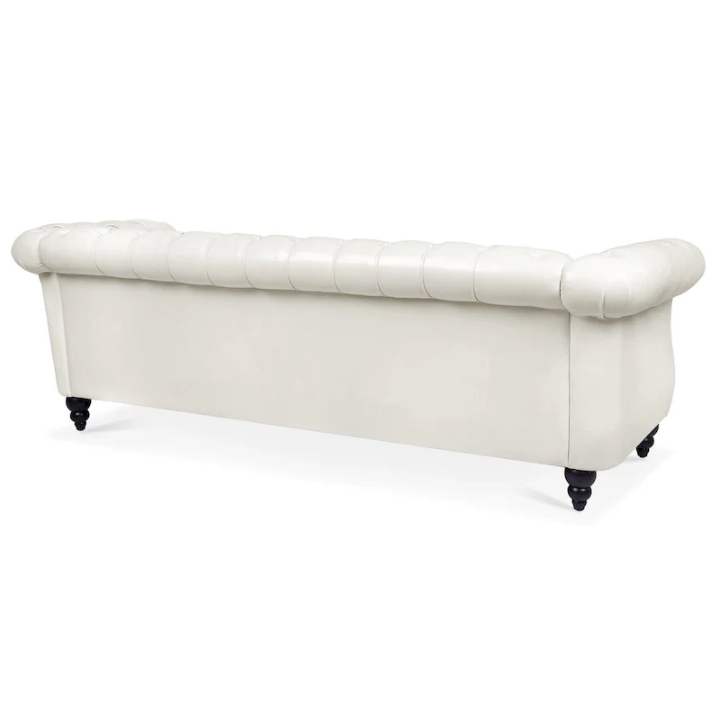 PU Leather 3-Seater Sofa with Button-Tufted Back & Rolled Arms – White, Chesterfield Style, Seats 3