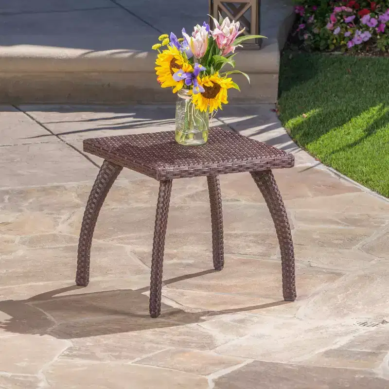 GDFStudio Hilary Outdoor Wicker Side Table with Curved Leg