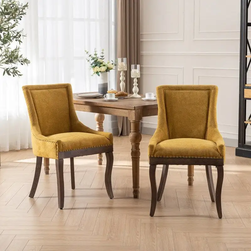 Thickened Fabric Dining Chairs w/Solid Wood Legs, Bronze Nail Head (2 Chairs)