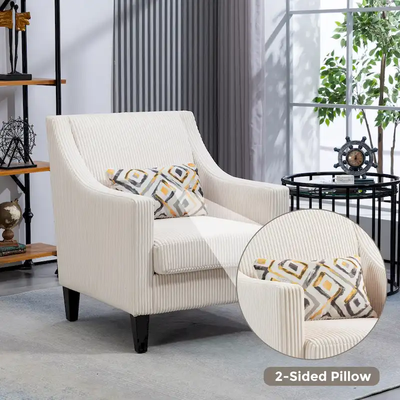 Beige Upholstered Accent Arm Chair with Scooped Arms and Rubber Wood Legs