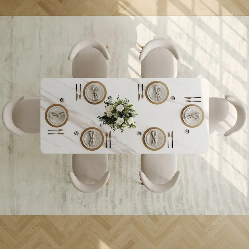Modern Rectangular Dining table with Glossy Sintered Stone Table top, White Kitchen Table