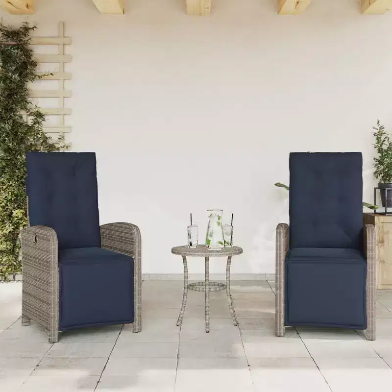 vidaXL Reclining Patio Chairs 2 pcs - Gray Poly Rattan with Navy Blue Cushions, Adjustable Backrest/Footrest, Powder-Coated Steel Frame