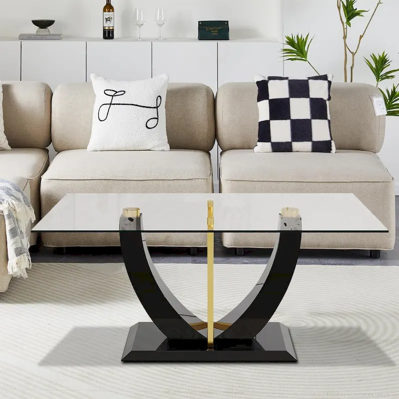 Modern Stylish Rectangular Coffee Table with Glass Top and Wooden Base